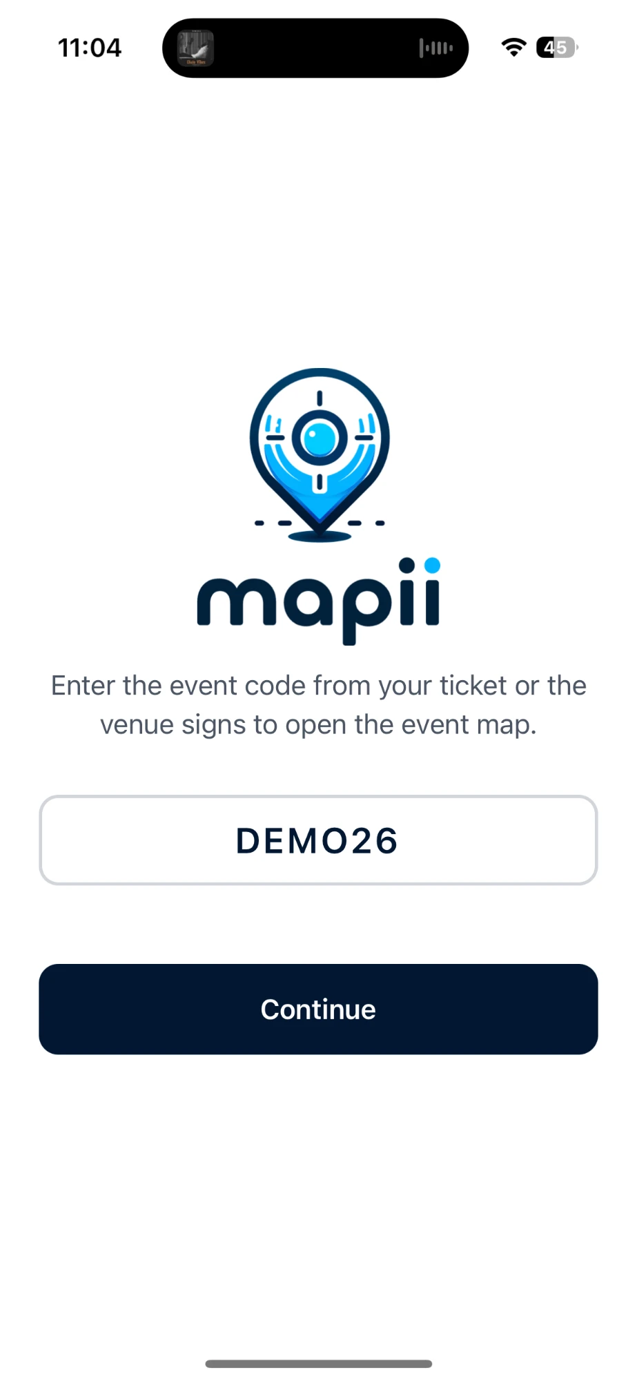 Mapii code entry screen with the event code DEMO26 entered