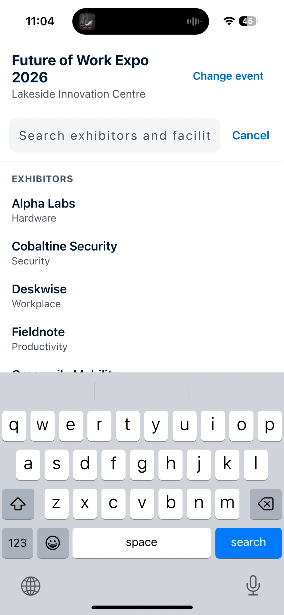 Search listing exhibitors by name and category