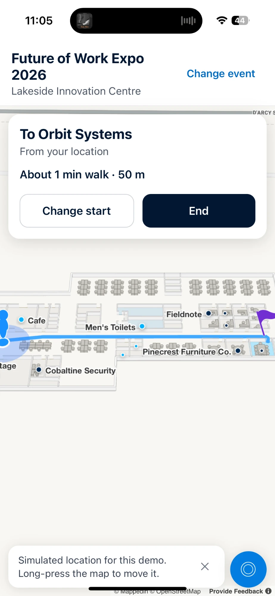 Walking route to an exhibitor from the attendee’s location, about one minute away